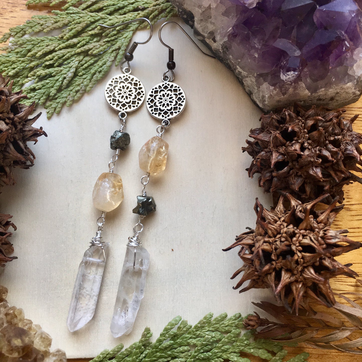 Hypoallergenic Citrine Pyrite and Quartz Point Dangle Earrings