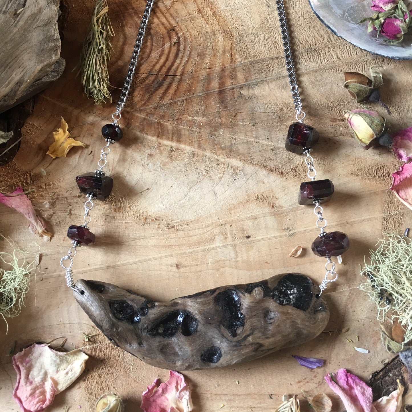 Driftwood Statement Necklace with Rhodolite and Garnet