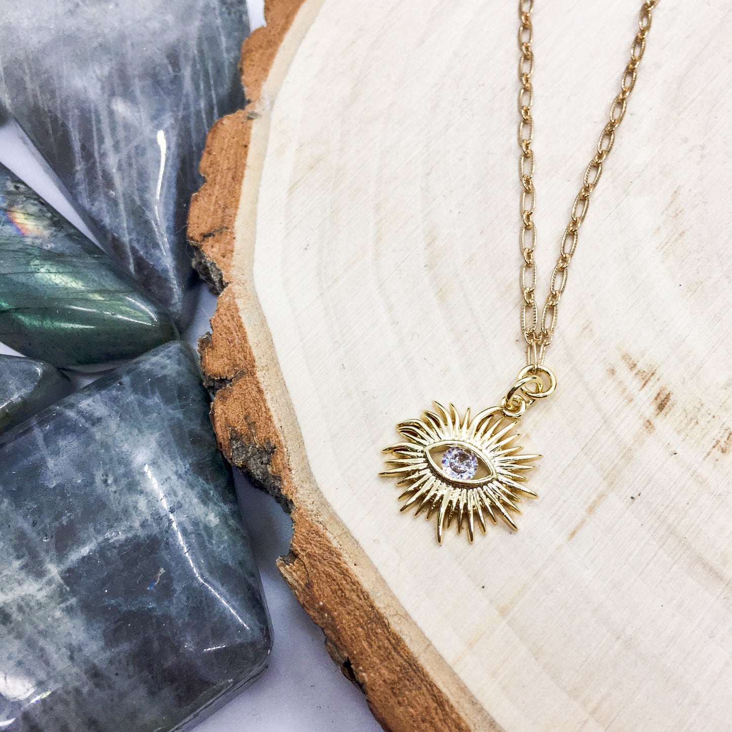 Gold Plated Evil Eye Sunburst Pendant Necklace