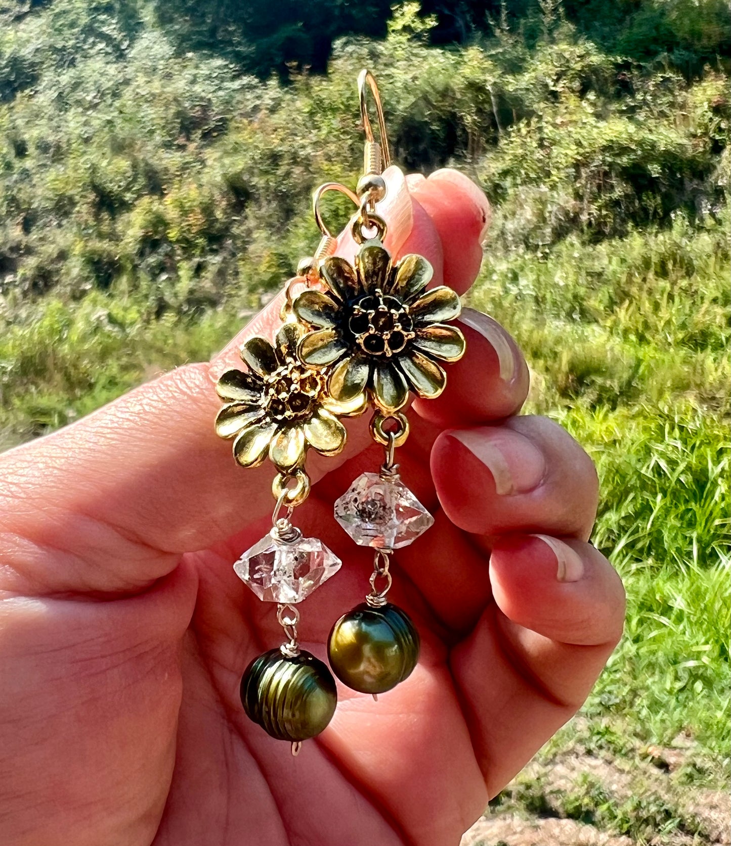 Golden Hour earrings with Herkimer Diamond and Green Freshwater Pearl