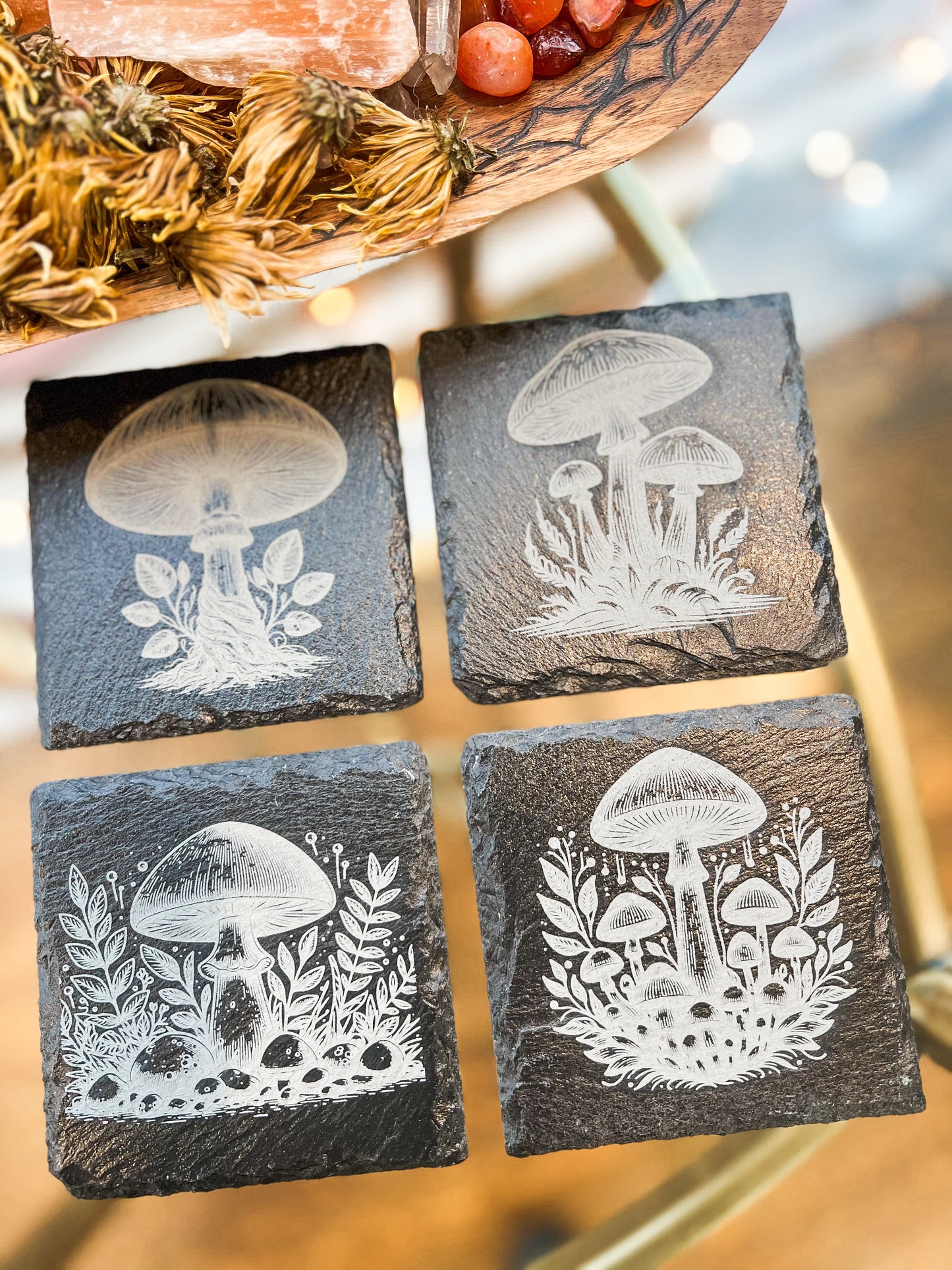 Engraved Slate Mushroom Coaster Set – Woodland Botanical Coasters (4)