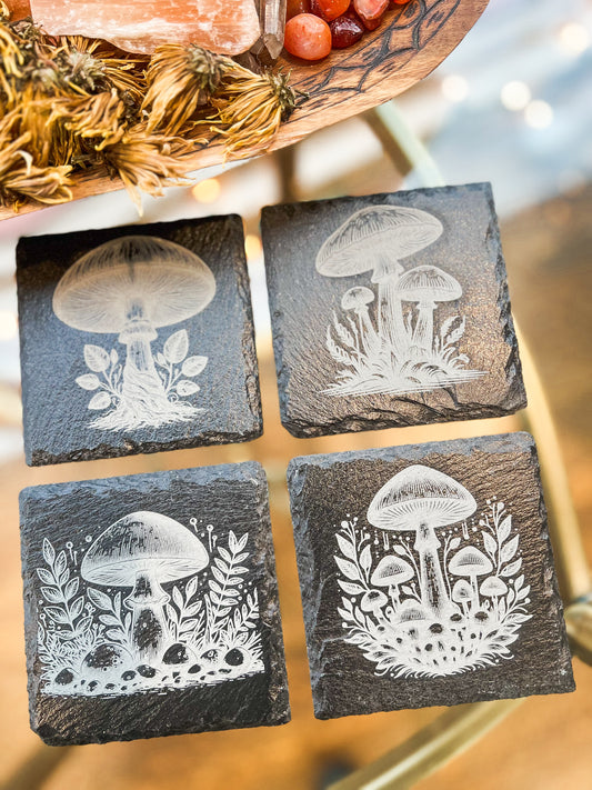 Engraved Slate Mushroom Coaster Set – Woodland Botanical Coasters (4)