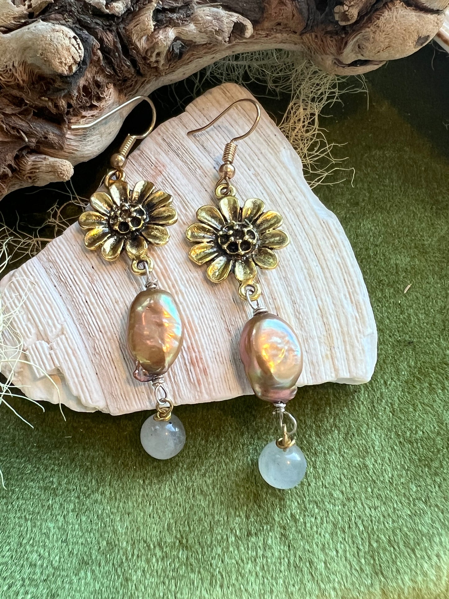 Golden Hour Earrings with Freshwater Pearl and Labradorite