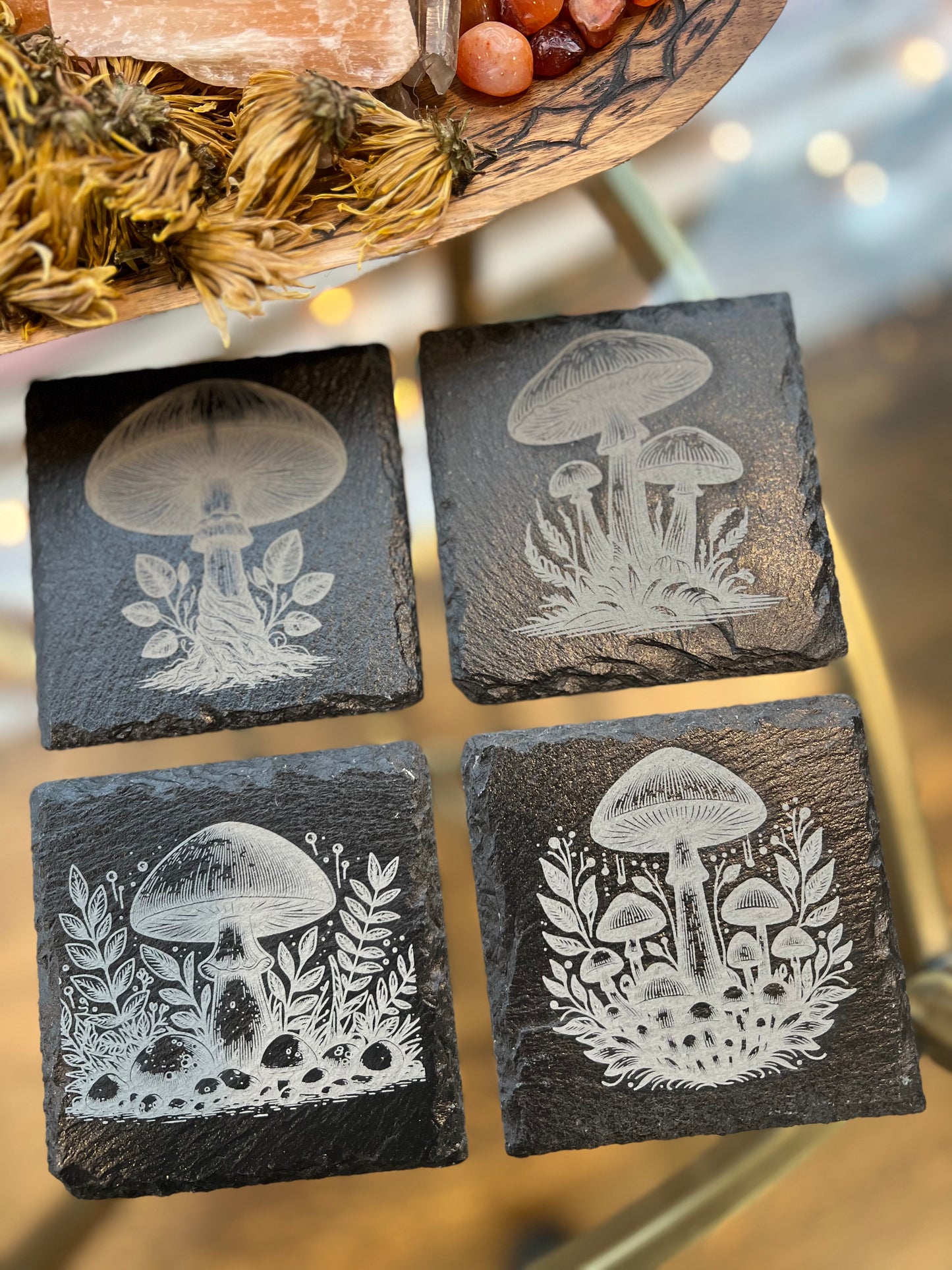 Engraved Slate Mushroom Coaster Set – Woodland Botanical Coasters (4)