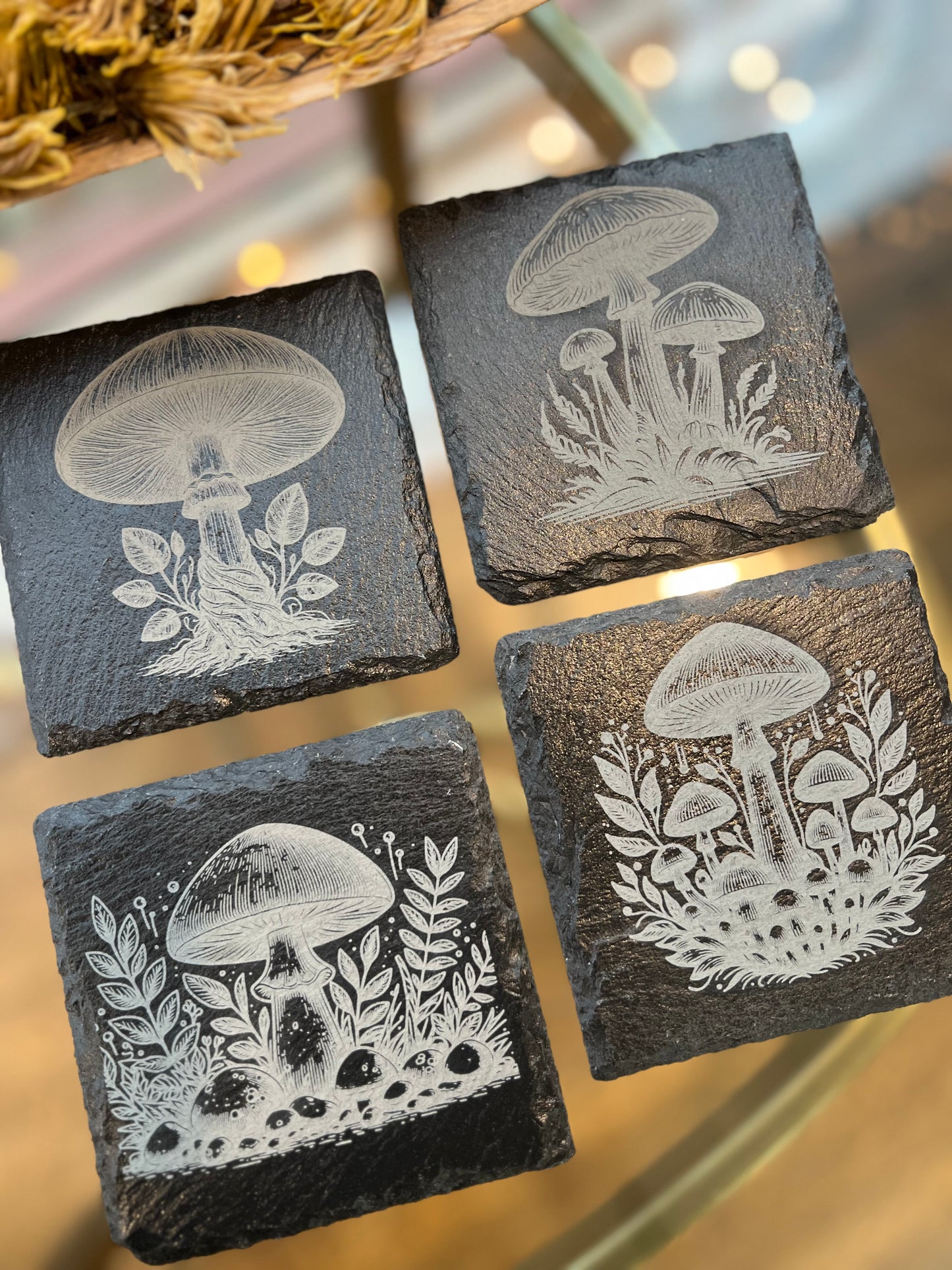 Engraved Slate Mushroom Coaster Set – Woodland Botanical Coasters (4)