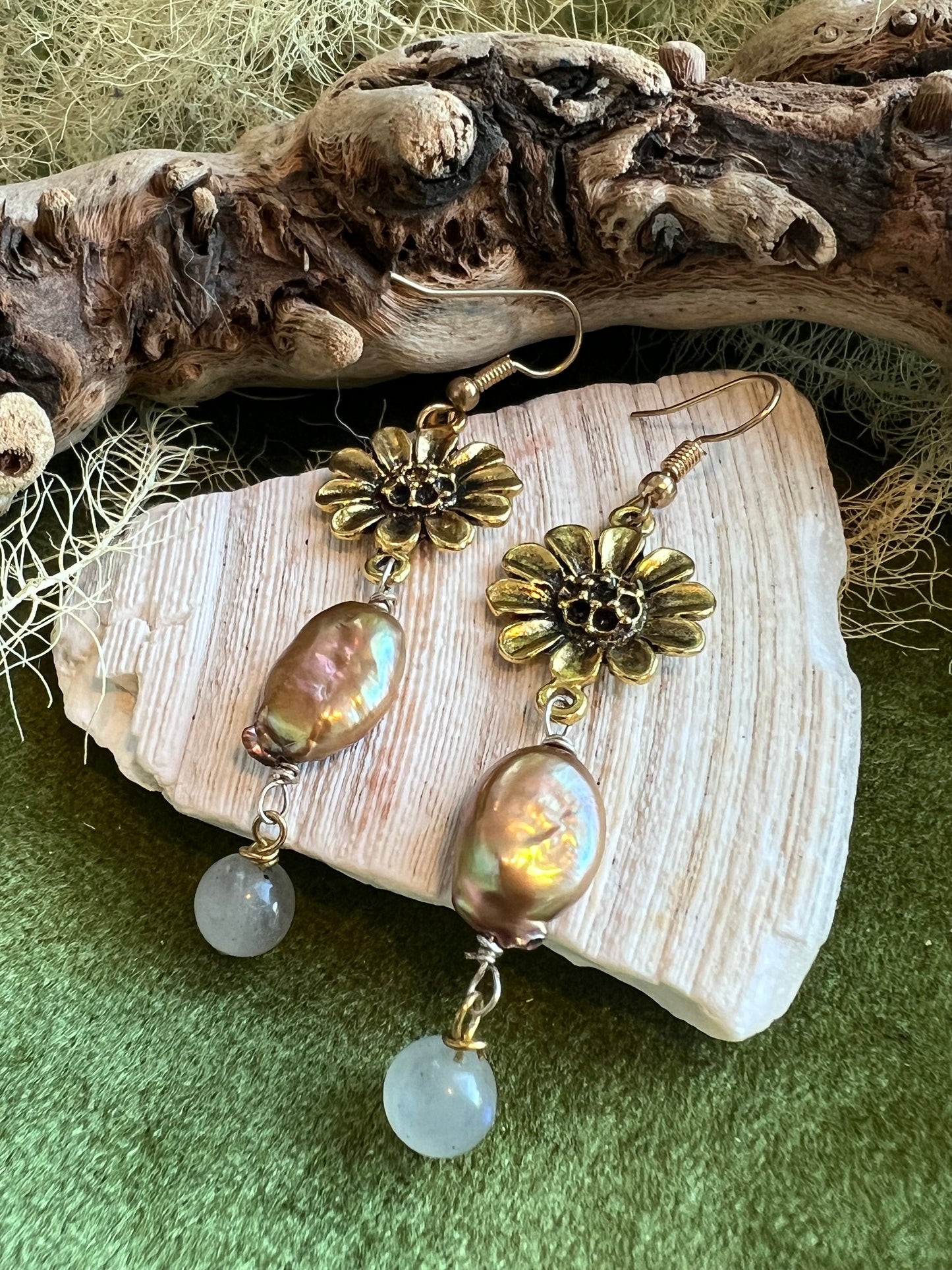 Golden Hour Earrings with Freshwater Pearl and Labradorite