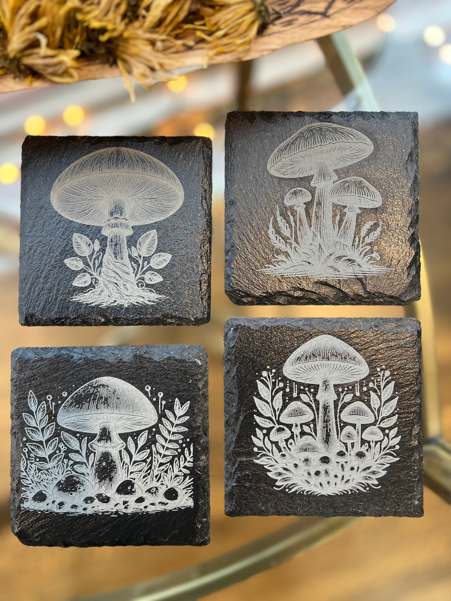 Engraved Slate Mushroom Coaster Set – Woodland Botanical Coasters (4)