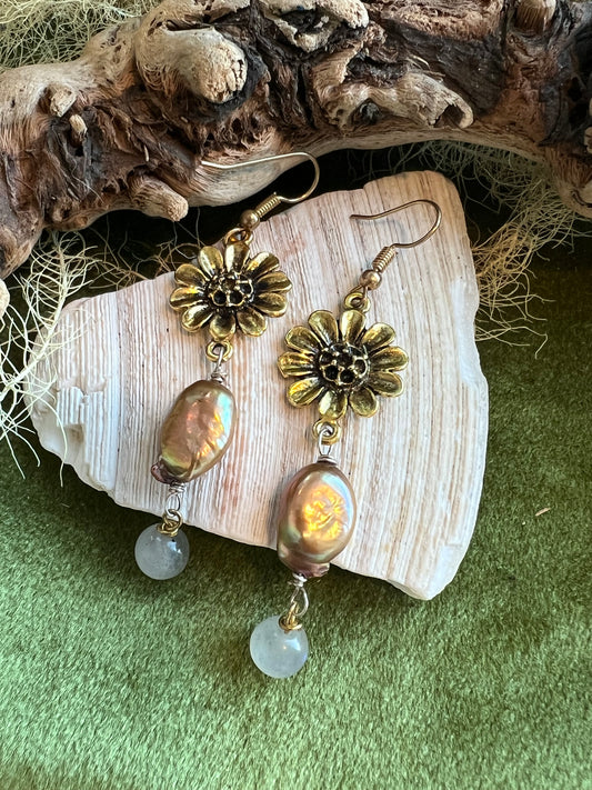 Golden Hour Earrings with Freshwater Pearl and Labradorite