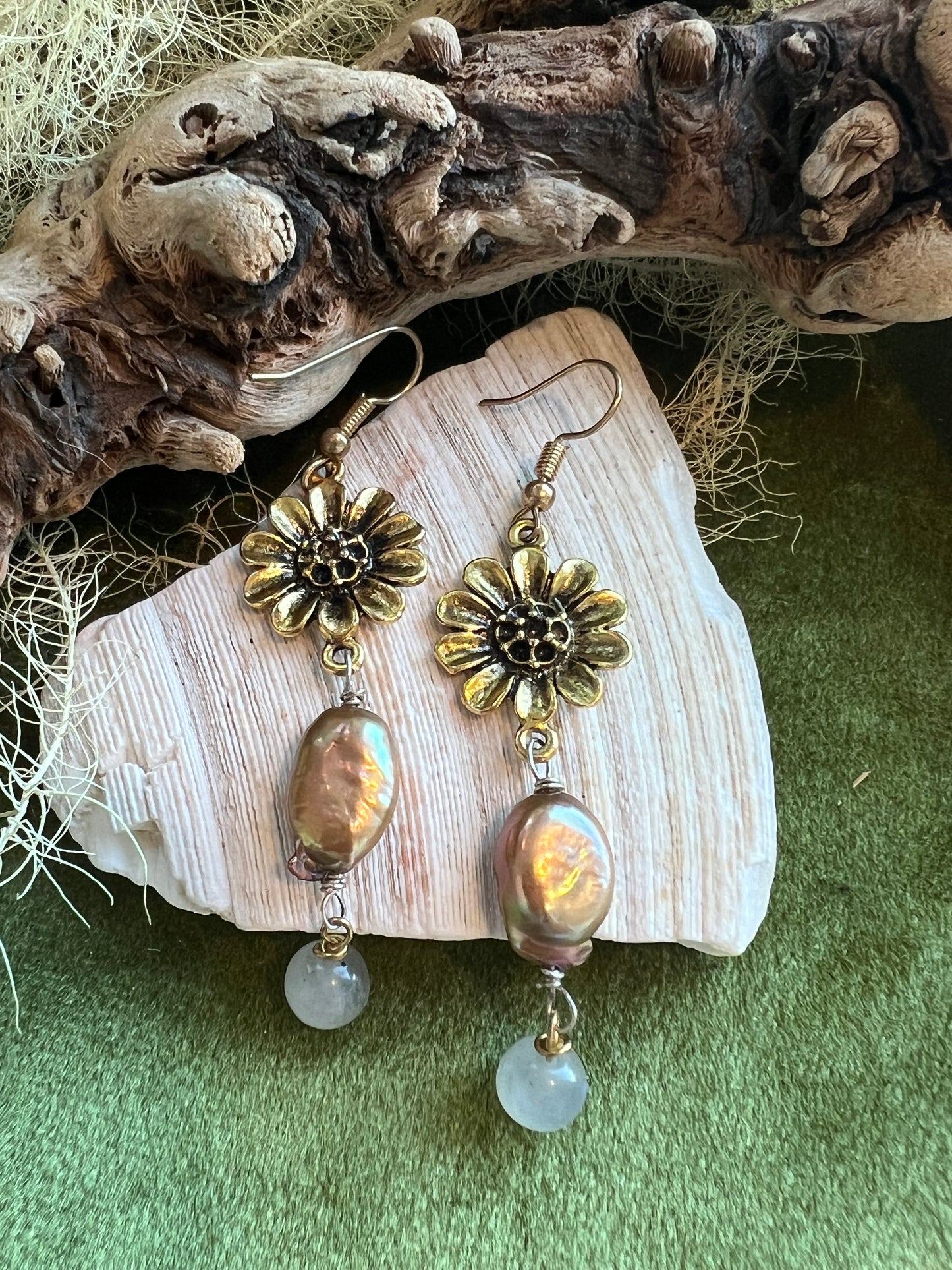 Golden Hour Earrings with Freshwater Pearl and Labradorite