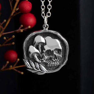 Skull and Mushroom Sterling Silver Pendant Necklace