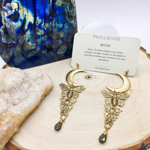 Moon and Moth Long Brass Statement Earrings