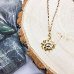 Gold Plated Evil Eye Sunburst Pendant Necklace