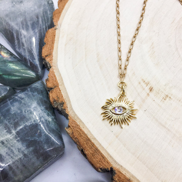 Gold Plated Evil Eye Sunburst Pendant Necklace