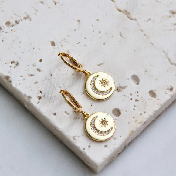 Gold Plated Moon and Star Gold Huggie Earrings