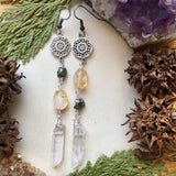 Hypoallergenic Citrine Pyrite and Quartz Point Long Earrings