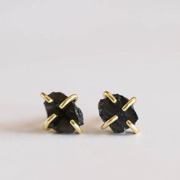 Handmade Gold Plated Obsidian Prong Earrings